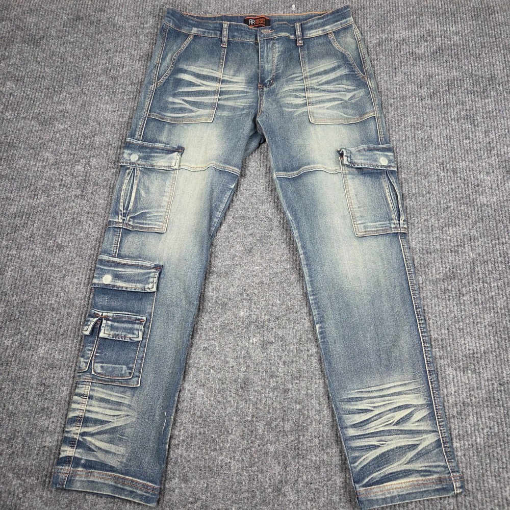 Refinery Republic Mens Cargo Jeans Blue Distressed MNJN4847‎ 34x30 Medium Wash